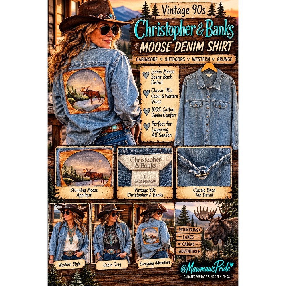 Vintage 90s Christopher & Banks Moose Denim Shirt L Cabincore Grunge Gorpcore
